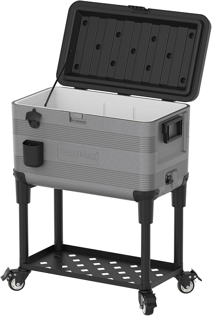 Duramax 70 liter Patio koelbox, drankkaart, krachtige koelbox met PU-isolatie, koelbox met ergonomische handgrepen en wielen voor eenvoudige mobiliteit en bediening, extra opbergvak, koudgrijs