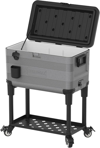 Duramax 70 liter Patio koelbox, drankkaart, krachtige koelbox met PU-isolatie, koelbox met ergonomische handgrepen en wielen voor eenvoudige mobiliteit en bediening, extra opbergvak, koudgrijs