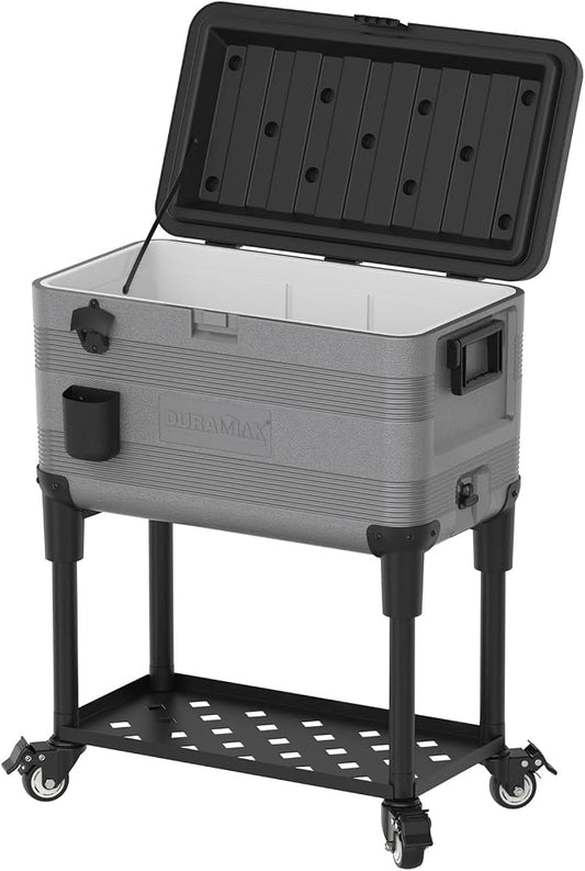 Duramax 70 liter Patio koelbox, drankkaart, krachtige koelbox met PU-isolatie, koelbox met ergonomische handgrepen en wielen voor eenvoudige mobiliteit en bediening, extra opbergvak, koudgrijs