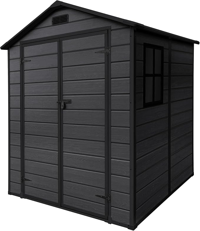 ECD Germany Tuinhuisje weerbestendig 5m³ kunststof met stevige vloer en zadeldak 151x182x220 cm Donkergrijs met raam dubbele deuren ventilatie veilig voor buitenopslag tuinmeubelen en accessoires