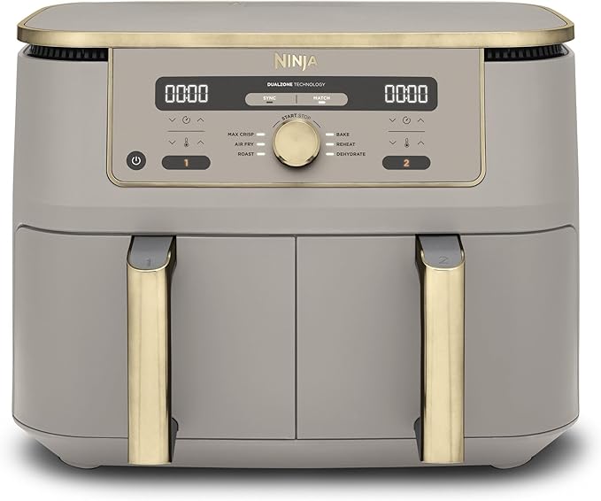 Ninja MAX Dual Zone digitale airfryer, 2 lades, 9.5L, 6-in-1, gebruikt geen olie, Airfryen, Max Crisp, Braden, Bakken, Opwarmen, Drogen, antiaanbaklaag, manden voor vaatwasser, Steengoud, DZ400EUSTGD