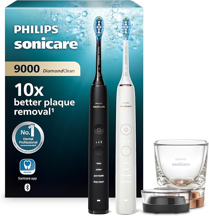 Philips Sonicare DiamondClean 9000 elektrische tandenborstel, sonische tandenborstel met app, druksensor, 4 poetsstanden, oplaadglas, zwart/roségoud, dubbelverpakking, model HX9914/57