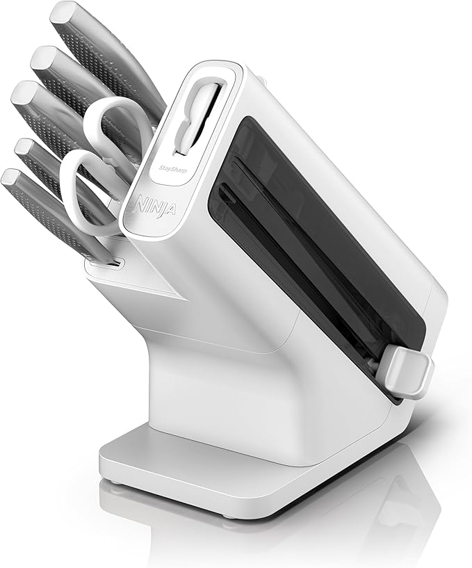 Ninja StaySharp Messenset, Roestvrijstalen 6-Delige Messenset met Geïntegreerde Slijper, Koksmes, Snijmes, Broodmes, Hobbymes, Schilmesje en Keukenschaar, Wit, K62006EUWH
