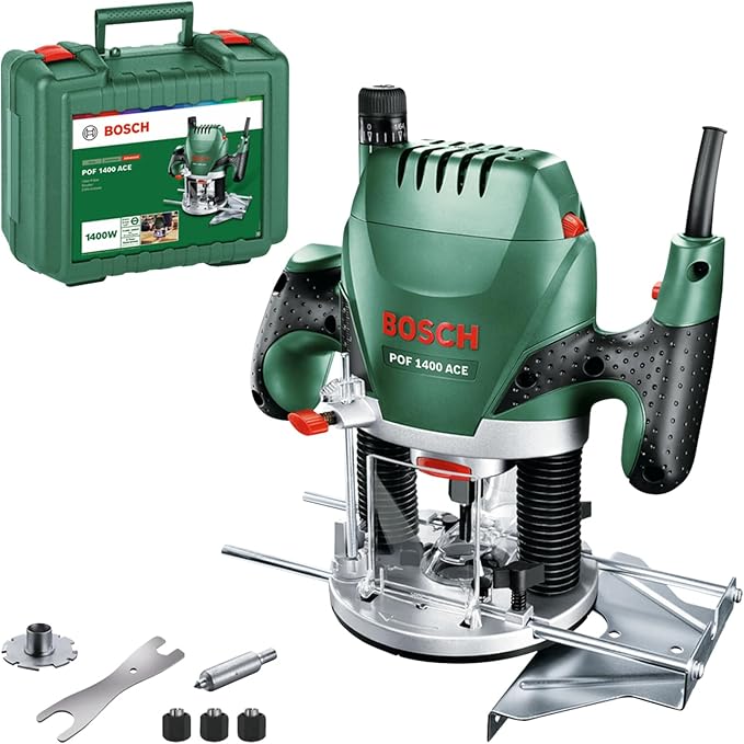 Bosch bovenfrees POF 1400 ACE (1400 W, 3x Spantang, Frees, Parallelaanslag, Zuigadapter, In Koffer)