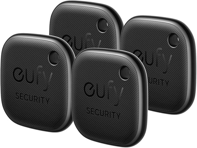 eufy Security SmartTrack Link (Schwarz, 4er-Pack) Schlüsselfinder, Kompatibel mit Apple Find My (iOS), Schlüsselfinder, Bluetooth-Tracker für Ohrhörer und Gepäck, Telefonfinder, wasserdicht.