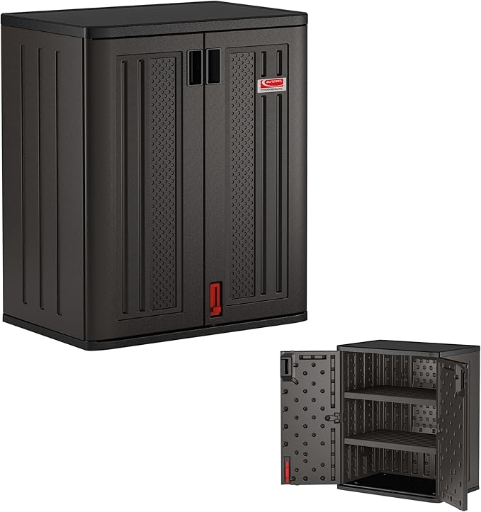 Suncast Commercial Heavy-Duty 9 Cubic Ft. Hars opbergkast met afsluitbare handgrepen, verstelbare metalen versterkte planken voor garage of werkruimte, zwart, gemaakt in de VS