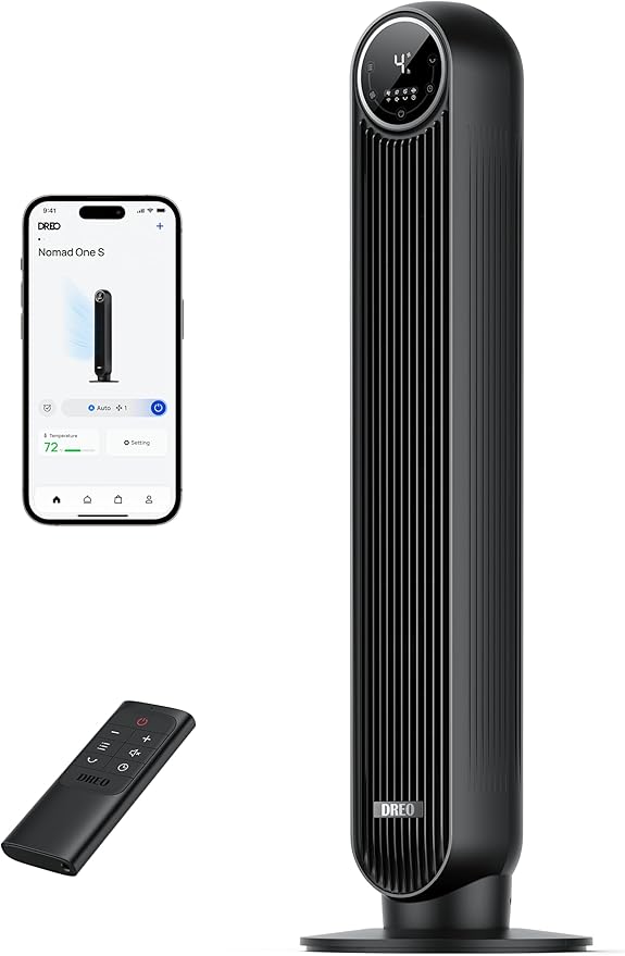 Dreo Smart stille torenventilator, app en spraakbediening, 90° oscillerende ventilator met afstandsbediening, 4 modi, 4 snelheden, 8 uur timer, Nomad One S, zwart