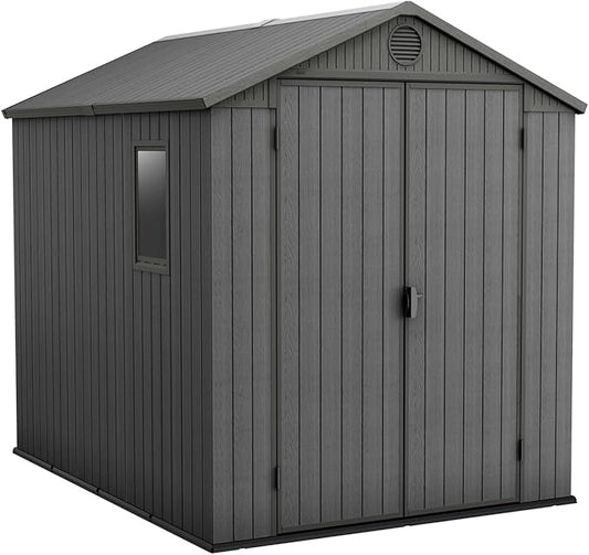Keter Darwin Outdoor Apex Dubbele Deur Tuinopslag Schuur 1,8 x 2,4 m Grijs Evotech+ Houtlook & Feel | Vervaagvrij | Alle Weerbestendig | Veilig en veilig | Geen onderhoud | 15 jaar garantie