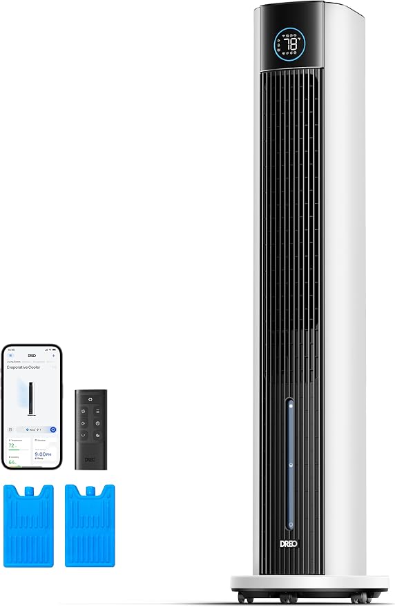 DREO Torenventilator met waterkoeling, 110 cm luchtkoeler met waterkoeling, stil, 4 snelheden, 4 modi, verdampingskoeler, app-bediening, ijszak, 80 graden oscillatie, 12-uurs timer, wit