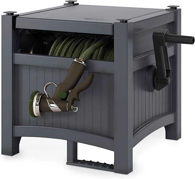 Suncast Hideaway 100 'capaciteit hars tuinslanghaspel voor 5/8" slangen met opklapdeksel en krukhandvat voor probleemloze buitenopslag, cyberspace