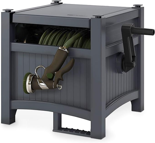 Suncast Hideaway 100 'capaciteit hars tuinslanghaspel voor 5/8" slangen met opklapdeksel en krukhandvat voor probleemloze buitenopslag, cyberspace