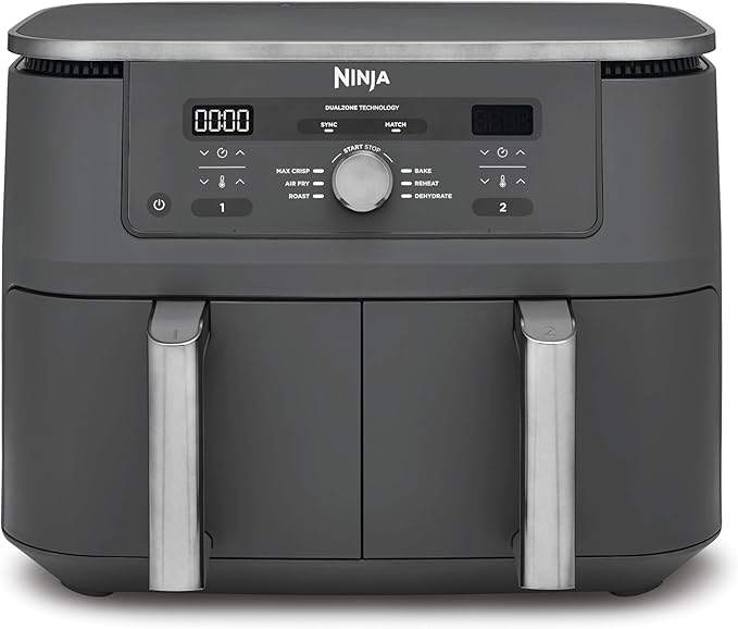 Ninja MAX Dual Zone digitale airfryer, 2 lades, 9.5L, 6-in-1, gebruikt geen olie, Airfryen, Max Crisp, Braden, Bakken, Opwarmen, Drogen, antiaanbaklaag, manden voor vaatwasser, Gunmetalgrijs DZ400EU