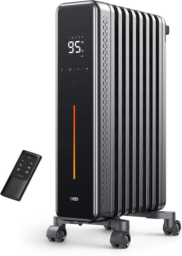 Dreo Radiator Heater, 1500 W, draagbaar, space-olie, gevuld met afstandsbediening, 4 modi, overheat en tip-over bescherming, 24 uur timer, stil, grote ruimte, anti-kalk handvat, groot tapijt caster