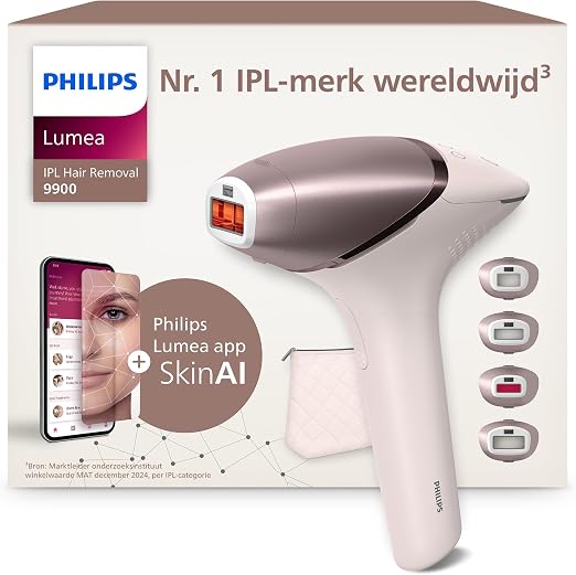 Philips Lumea IPL-ontharingsapparaat 9900-serie, met SenseIQ- en SkinAI-technologie, 4 opzetstukken voor lichaam, gezicht, bikinilijn en oksels, gebruik met en zonder snoer, model BRI951/00