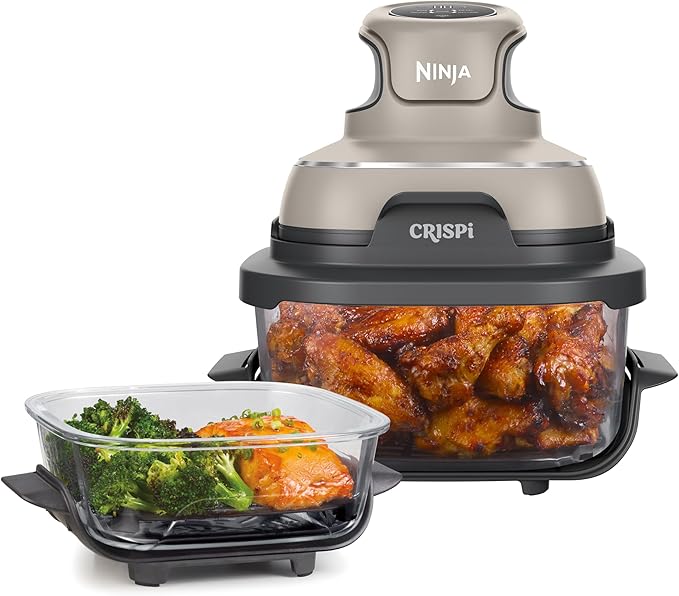 Ninja CRISPi Draagbare Airfryer, 3,8 L, 4-in-1: Airfry, Braden, Warmhouden, Krokant Opwarmen, Ruimtebesparend Compact Design, 2 Uitneembare Glazen Schalen & Deksels, 1700 W, Steen FN101EUST