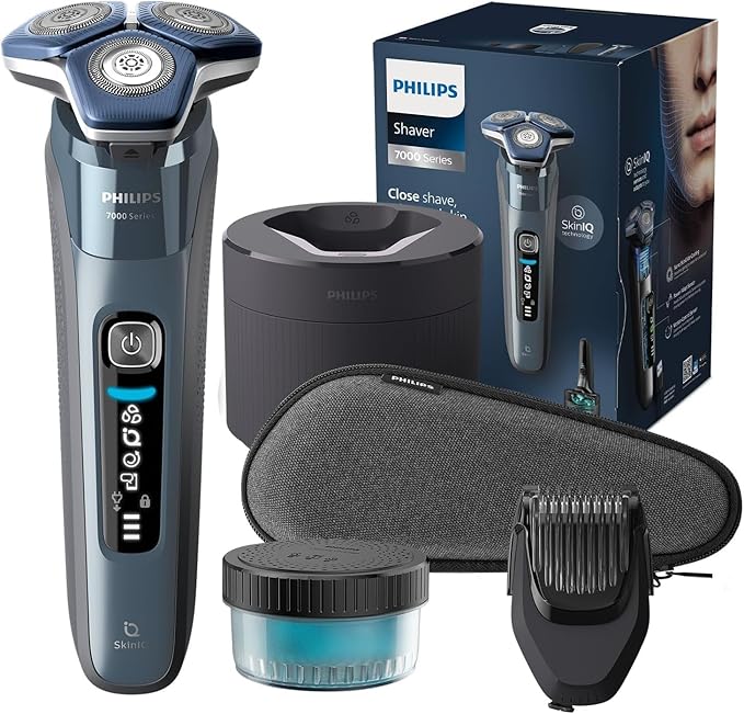 Philips Shaver Series 7000 - Elektrisch Wet & Dry-scheerapparaat in ijsblauw met 1 geïntegreerde uitklapbare trimmer, baardtrimmer, reisetui, Quick Clean Pod en oplader (model S7882/54)