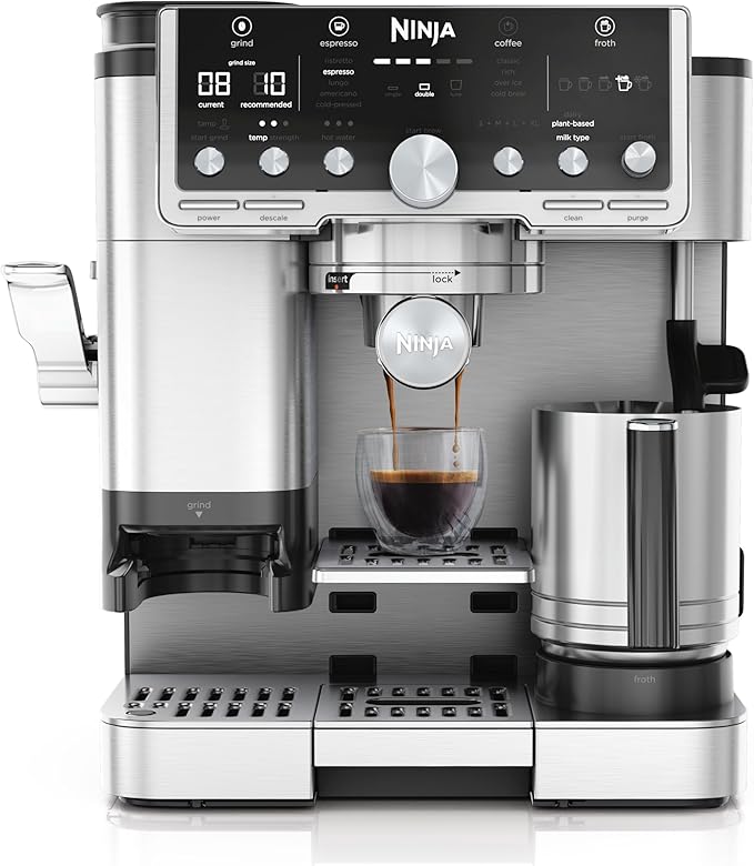 Ninja Luxe Pro 3-in-1 Koffiezetapparaat, Latte, Cappuccino, Cold Brew & Espressomaker, Ingebouwde Bonenmaler & melkschuimer, Gebruiksvriendelijk, 5 Automatische Opschuimstanden, Zilver, ES701EU