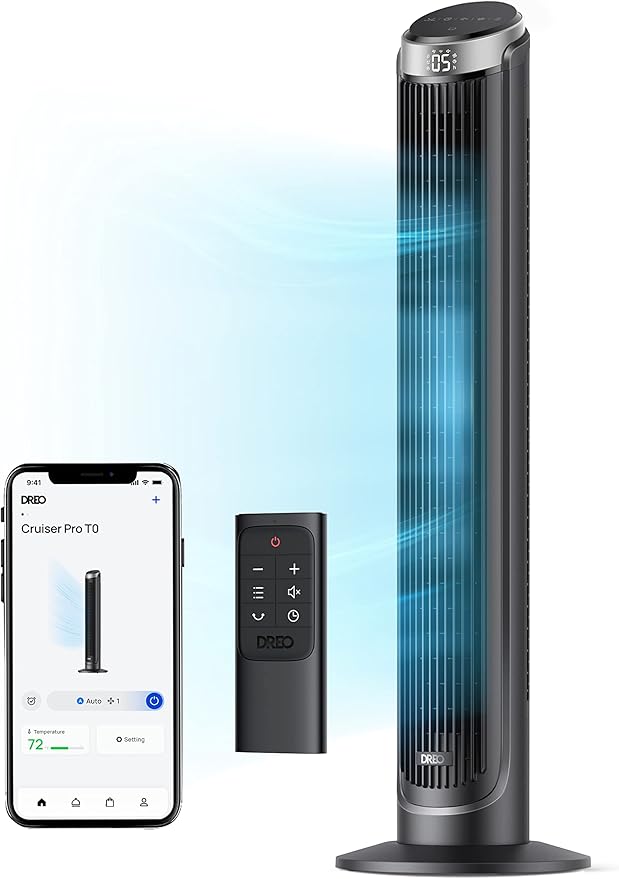 Dreo Slimme stille torenventilator, 90° oscillatie, staande ventilator voor slaapkamer, 7,9 m/s, 5 snelheden, 4 modi, touch/afstandsbediening/app en spraakbediening, Alexa, timer 12 uur, zilver