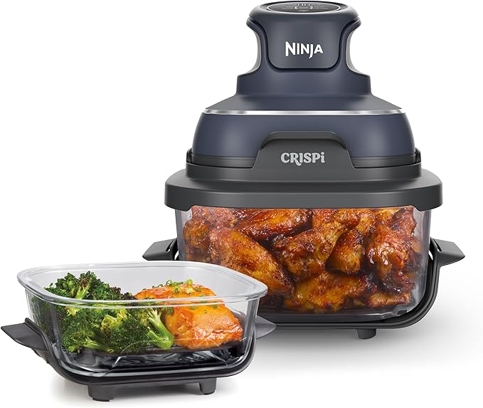 Ninja CRISPi Draagbare Airfryer, 3,8 L, 4-in-1: Airfry, Braden, Warmhouden, Krokant Opwarmen, Ruimtebesparend Compact Design, 2 Uitneembare Glazen Schalen & Deksels, 1700 W, Grijs FN101EUGY