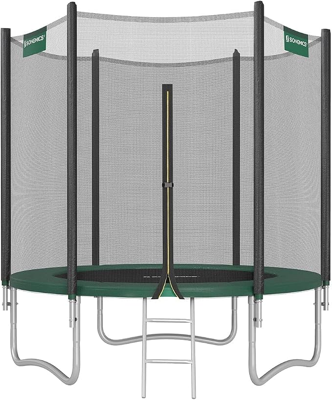 SONGMICS Buitentrampoline voor kinderen, diameter 183/244/305/366/427 cm, buitenbeschermingsnet, veiligheidskussen, ladder, rechte palen 180 cm hoog, stalen frame