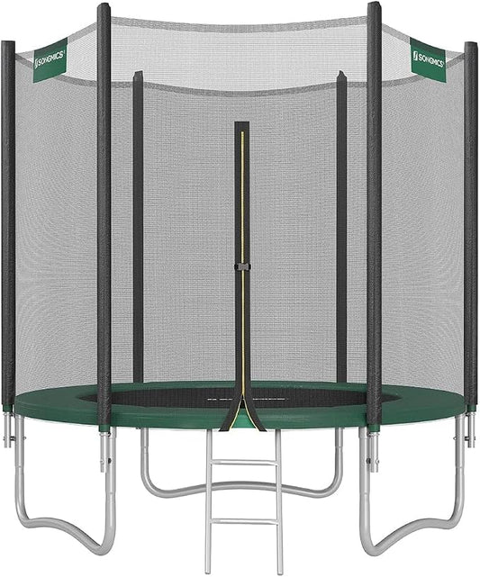 SONGMICS Buitentrampoline voor kinderen, diameter 183/244/305/366/427 cm, buitenbeschermingsnet, veiligheidskussen, ladder, rechte palen 180 cm hoog, stalen frame