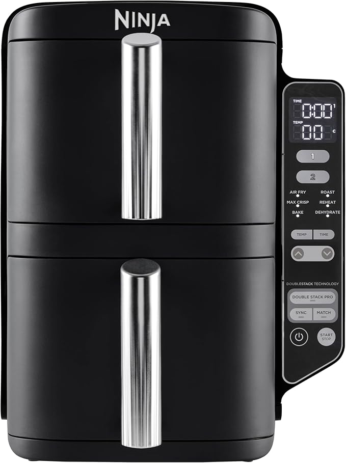 Ninja Double Stack Airfryer, Verticale Friteuse met Dubbele Lades en 4 Kookniveaus, 2 Lades en 2 Rekken, Ruimtebesparend Ontwerp, 7,6 Liter Inhoud, 6 Kookfuncties, 6 Porties, Grijs SL300EU