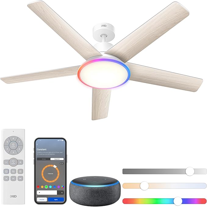 Dreo Intelligente plafondventilator, 132 cm, dimbaar ledlicht, 12 snelheden, 3 modi, 12 uur timer, stille DC-motor, bediening via afstandsbediening/app/Alexa, wit voor binnen