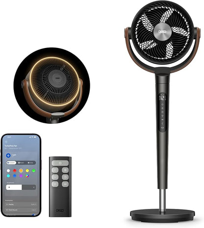 Dreo 25 dB stille slimme staande ventilator, 120 ° + 105 ° omni-directioneel oscillerende ventilator met afstandsbediening, 30 m windafstand, 1650 m³/u luchtvolume turbo-luchtcirculator fans, 6 modi