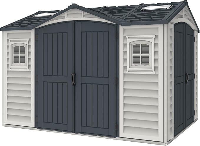 Duramax Apex Pro PLUS 10,5 x 8 kunststof tuinhuisje met dubbele deuren aan 2 zijden, metalen funderingskit, 2 vaste ramen en 2 dakraamkits, Adobe/donkergrijs