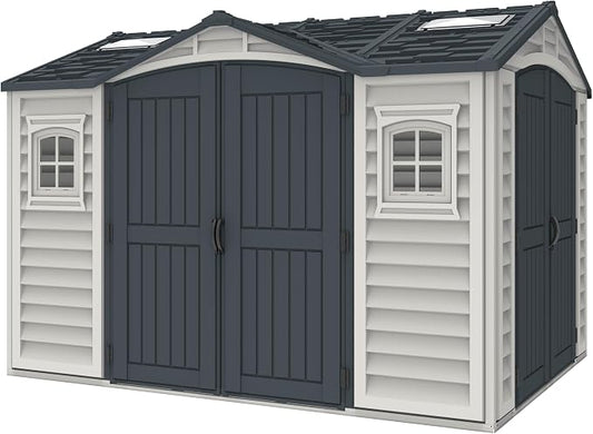 Duramax Apex Pro PLUS 10,5 x 8 kunststof tuinhuisje met dubbele deuren aan 2 zijden, metalen funderingskit, 2 vaste ramen en 2 dakraamkits, Adobe/donkergrijs