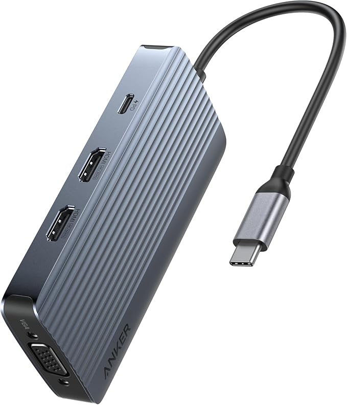 Anker PowerExpand USB-C-hub, 8-in-1, drievoudig scherm, 2 4K HDMI-poorten, 1 VGA 1080P, 100 W PD, 4 USB-poorten (1 USB-C 5 Gbit/s, 3 USB-A 5 Gbit/s), hoge snelheid, compatibel met MacBook, Windows