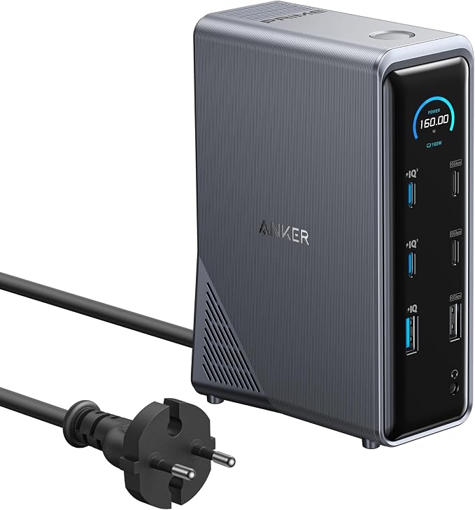 Anker Prime Oplaadstation, 14-poorts met maximaal 160 W uitgangsvermogen, snelle 10 Gbps gegevensoverdracht, Real-Time Smart Interface, audio- en ethernetpoorten, twee 4K-schermen voor Dell, en meer