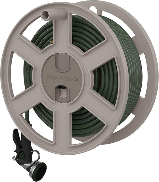 Suncast 30,5 m tuinslanghouder wandmontage, taupe, zware wandgemonteerde waterslanghaspel voor buitengebruik, handmatig intrekbare Sidewinder, open ruimtebesparende opslag, gemaakt in de VS