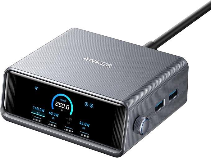 Anker Prime 250W USB-C-oplader, ultrasnel 6-poorts GaN oplaadstation, 2,26” LCD-scherm en slimme regelknop, compatibel met MacBook Pro/Air, iPhone 15/14/13, Pixel, Galaxy, Apple Watch en meer
