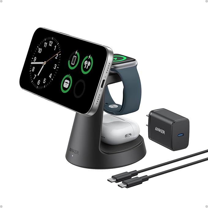 Anker MagSafe-oplader compatibel, MagGo 3-in-1 oplaadstation, Qi2-gecertificeerde 15W magnetische draadloze oplader dockstandaard, voor iPhone16/15/14/13/12-serie, Apple Watch, AirPods en meer