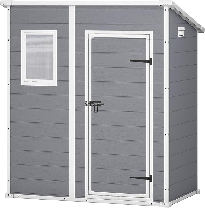 Keter Manor Pent 6 x 4 tuinhuis weerbestendig, kunststof, outdoor, afmetingen: B x D x H: 183,5 x 111 x 200,5 cm, binnenafmetingen: 168,5 x 97 x 154 cm, grijs