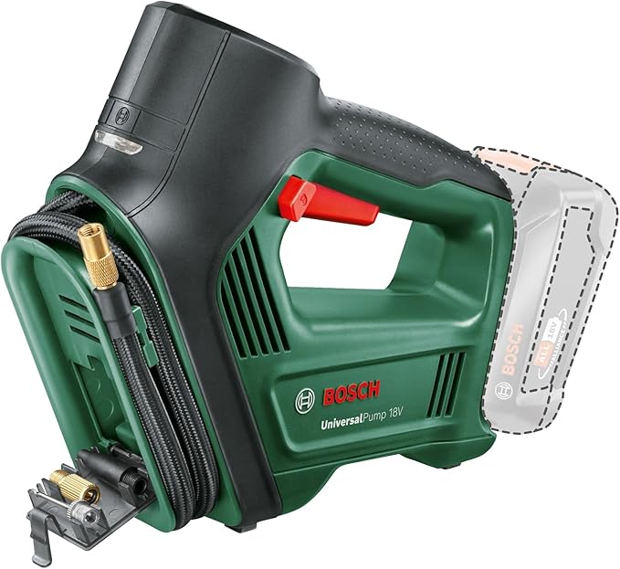 Bosch elektrische luchtpomp/luchtcompressor UniversalPump 18V (zonder accu, 18 Volt System, voor auto-, motor- en fietsbanden, 150 PSI, 10,3 bar, kartonnen verpakking)