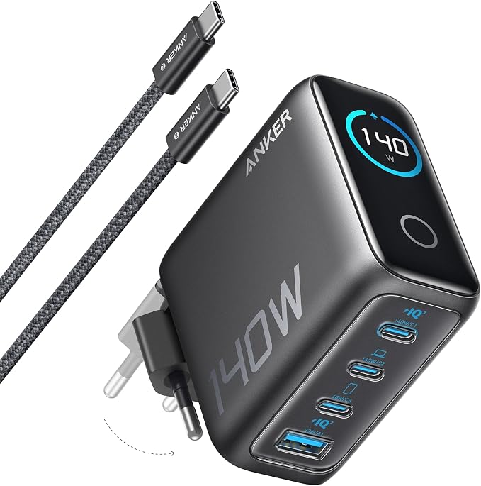 Anker 140 W USB C-oplader, 4-poorts multi-apparaten, geavanceerd GaN-voeding, touch-control, compatibel met MacBook, iPhone 16/15/14, Samsung, Pixel en meer
