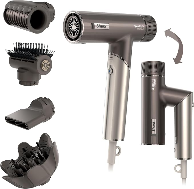 Shark SpeedStyle Pro FLEX haardroger, haardroger met hoge prestatie en snelheid, 4 stylingopzetstukken, lichtgewicht, ionisch, geen hitteschade, inklapbaar, voor ieder haartype, mokka zilver HD542EU