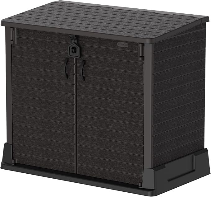 Duramax StoreAway 850L Plastic Garden Shed, Outdoor Storage Shed, Wheelie bin box, Wheelie Bin Hideaways, Durable Construction, Ideal for Tools, BBQs & 2x Garbage Bins, 130x74x110 cm, Dark Brown