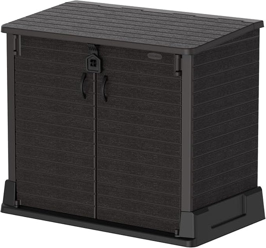 Duramax StoreAway 850L Plastic Garden Shed, Outdoor Storage Shed, Wheelie bin box, Wheelie Bin Hideaways, Durable Construction, Ideal for Tools, BBQs & 2x Garbage Bins, 130x74x110 cm, Dark Brown