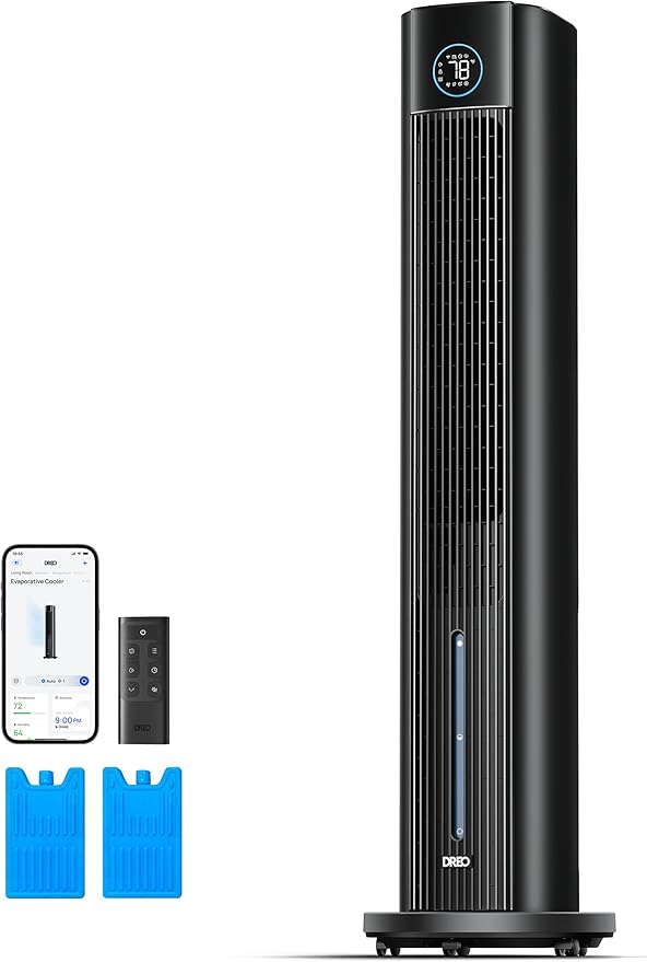 DREO Torenventilator met waterkoeling, 110 cm luchtkoeler met waterkoeling, stil, 4 snelheden, 4 modi, verdampingskoeler, app-bediening, ijszak, 80 graden oscillatie, 12-uurs timer, zwart
