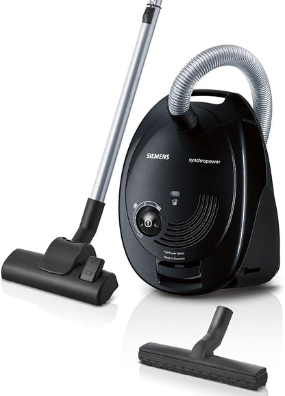 Siemens Synchropower VS06A212 Stofzuiger met zak, hygiënefilter, vloermondstuk voor parket, tapijt, tegels, sterke zuigkracht, lange kabel, spleetmondstuk, 600 W, zwart