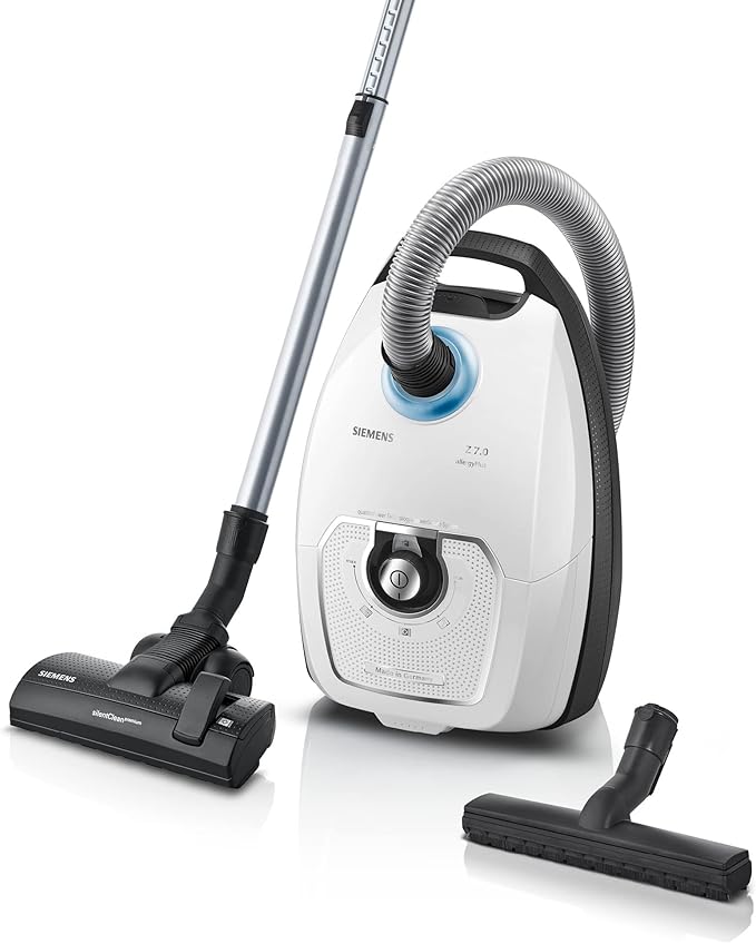 Siemens Z 7.0 Family VSZ7442S Vloerstofzuiger met Zak, Zeer Laag Stroomverbruik, XXL-Meubelzuigmond, Lange Kabel, voor Mensen met Allergieën, 650 Watt, Wit