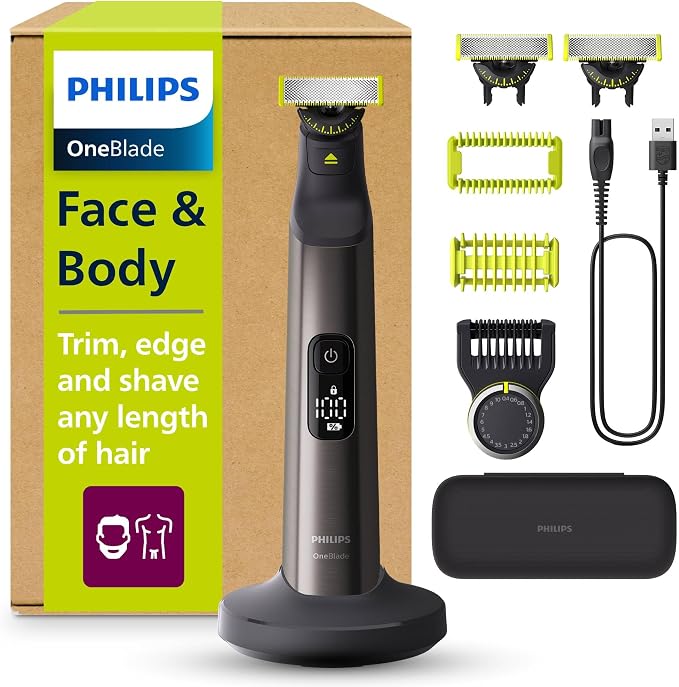 Philips OneBlade Pro 360 Authentiek Elektrische baardtrimmer, scheerapparaat en bodygroomer voor gezicht en lichaam, 3x 360 mesjes, 20-lengte kam, bodykit, oplaadstandaard, reisetui, QP6652/35