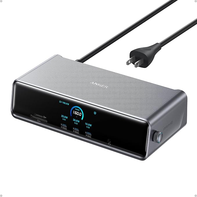 Anker Prime Docking Station met 14 poorten, drievoudig display met DisplayLink, 140 W USB-C, smart display, koeling, tot 8 K, voor macOS & Windows (DisplayLink-driver vereist)