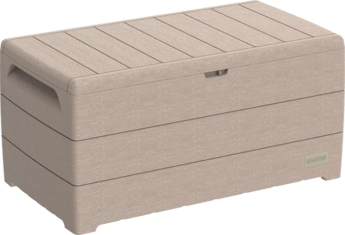 Duramax Durabox 416 Liter Opbergbox, Tuinmeubel Kussenbox Met Gascilinder, Houtnerf Textuur, Veilig & Zeker, Warm Taupe