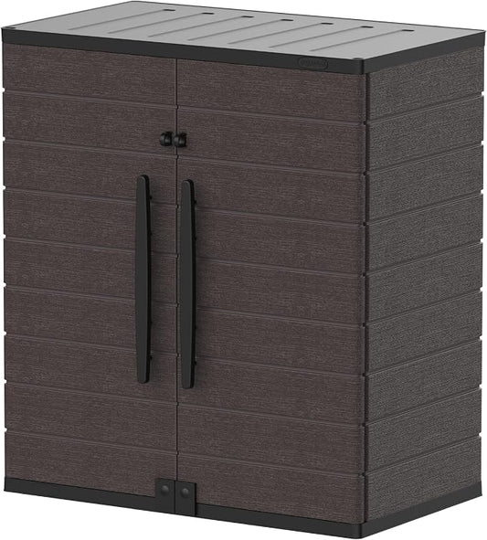 Duramax Cedargrain Korte Plastic Verticale Opbergkast, 2-Deurs Met 2 Planken, Waterdichte Tuinkast, Afsluitbare Buitenkast, Bruin