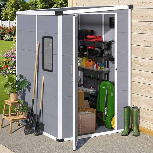 Gereedschapsschuur 1,68 m², kunststof gereedschapsschuur met raam en afsluitbare deur, tuinhuis weerbestendig met lessenaarsdak, bodem voor fiets, grasmaaier, vuilnisbak, 118 x 142 x 192 cm