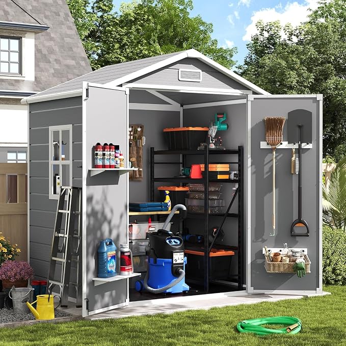 UDPATIO Tuinhuisje, weerbestendig, 183 x 137 x 210 cm, 3,9 m³, kunsthars buitenschuur en buitenopslag voor bak, grasmaaier met afsluitbare deur voor gazon, terras, grijs en wit